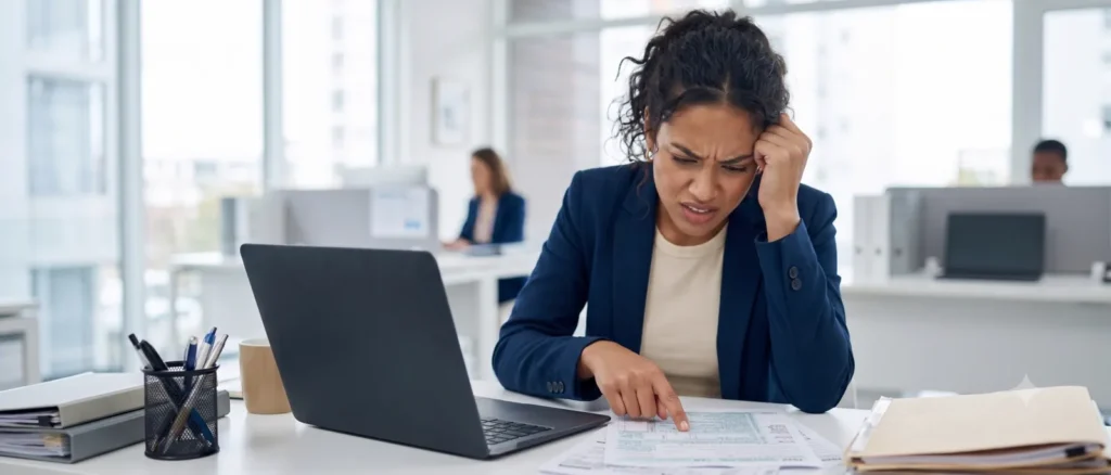 Business owner reviewing R&D tax relief paperwork at a laptop