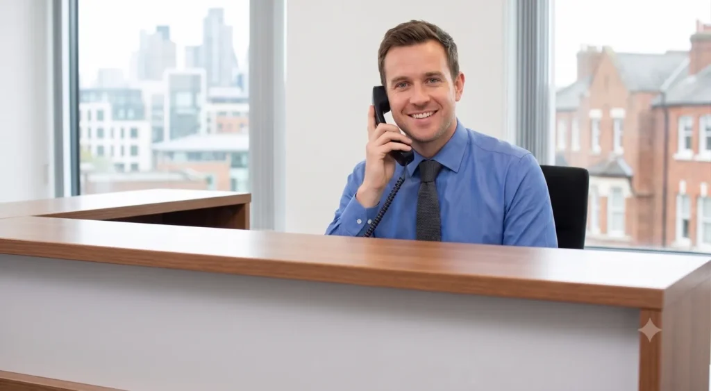 Seeder Heights advisor taking a client call at the office reception